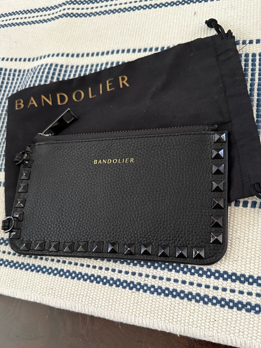 NWOT Bandolier Studded Sarah Black Top Grain Leather Zip Pouch & Black Hardware